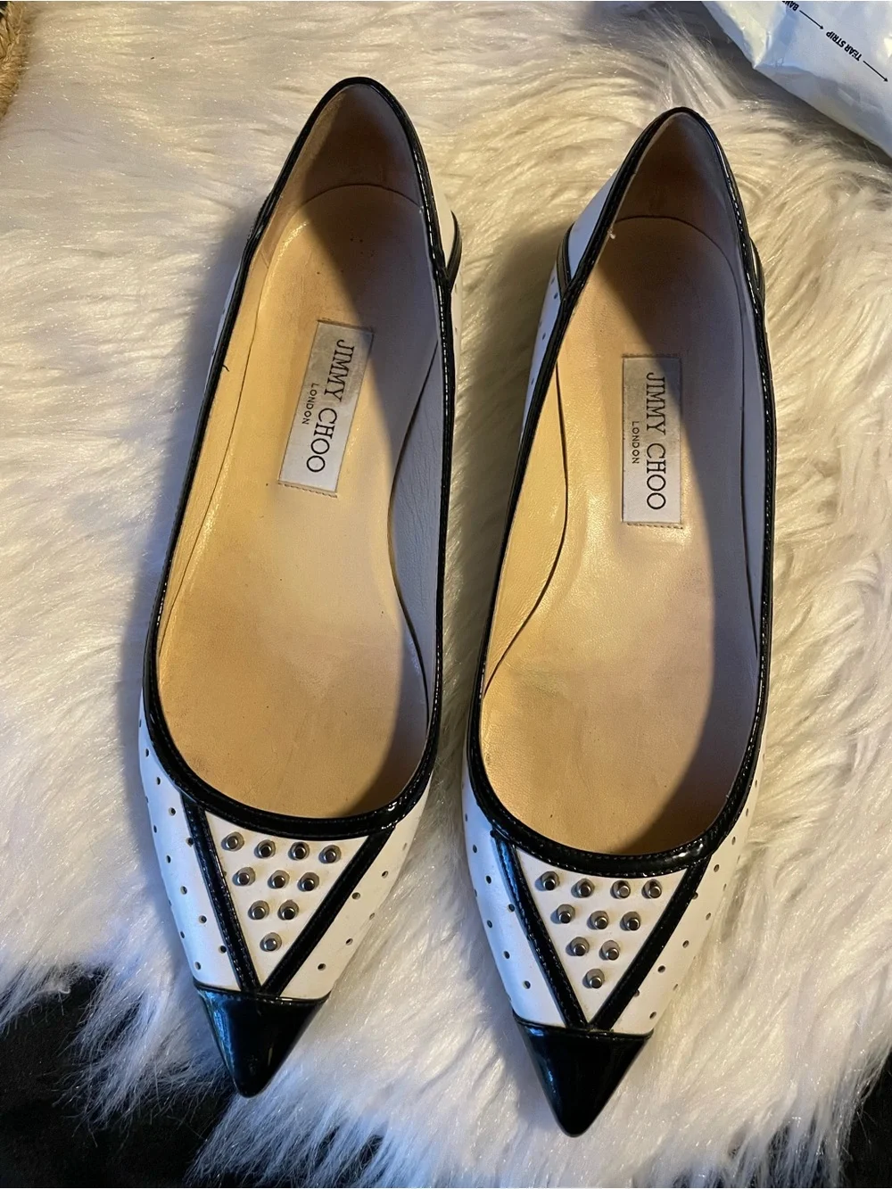 Jimmy Choo Black and White Studded Pointed Flats